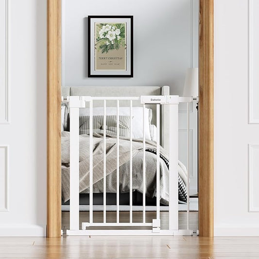 BABELIO Baby Gate for Doorways and Stairs, 26-31" Pet Gate with Wide Walk Thru Door and Lock Indicator, No Drill Pressure Mounted Safety Gate with Double Lock and Self-Closing, White