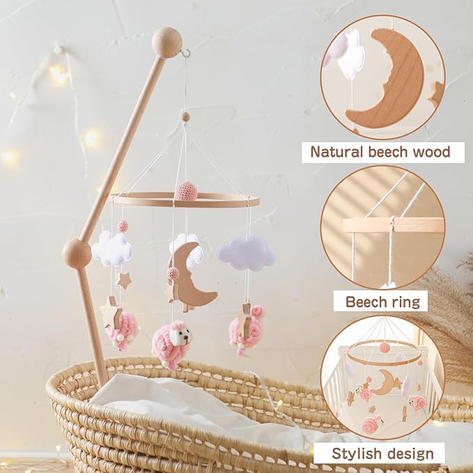 Baby Mobile for Crib, Montessori Baby Crib Mobile for Boys Girls for Bassinet, Nursery Decor for Infant Bedroom Hanging, Baby Mobile Soothe Toys - Gender Neutral Baby Gift (Pink)