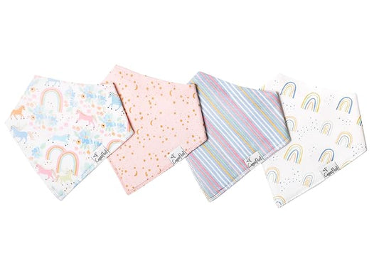 Copper Pearl 4 Pack Soft Cotton Baby Bibs for Drooling and Teething, Absorbent Drool Bibs for Baby Girl and Boy, Adjustable to Fit Newborns to Toddlers, Tons of Styles (Whimsy)