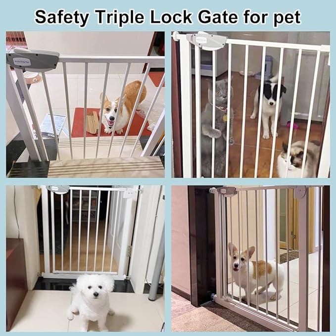WAOWAO Triple Lock Baby Gate Extra Wide 76.77-81.49" Pressure Mounted Walk Through Swing Auto Close Safety White Metal Dog Pet Puppy for Stairs,Doorways,Kitchen