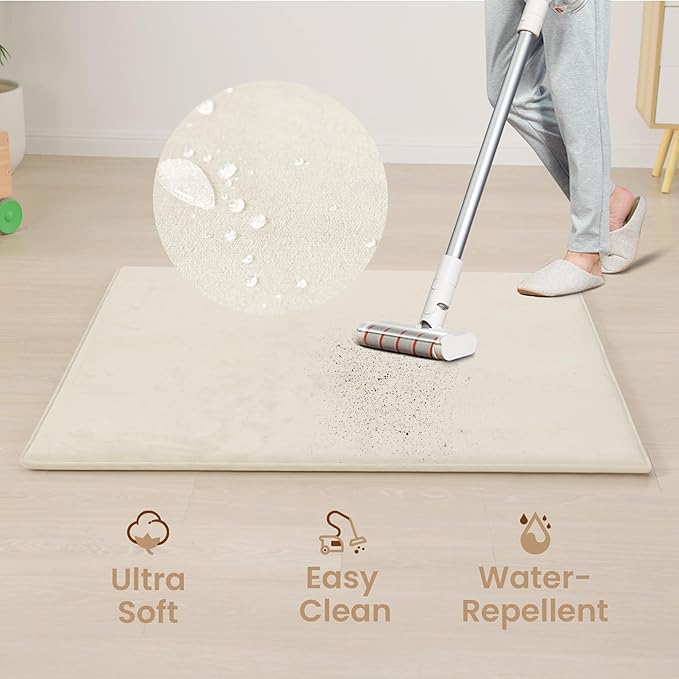 Baby Play Mat for Floor,1.3" Thick Elasti-Foam 50"×50" Playpen Mat for Tummy Time,Water Repellent Soft Coral Velvet for Toddler,Infant,Kids,Non-Slip Backing Safe for Crawling(Cream)