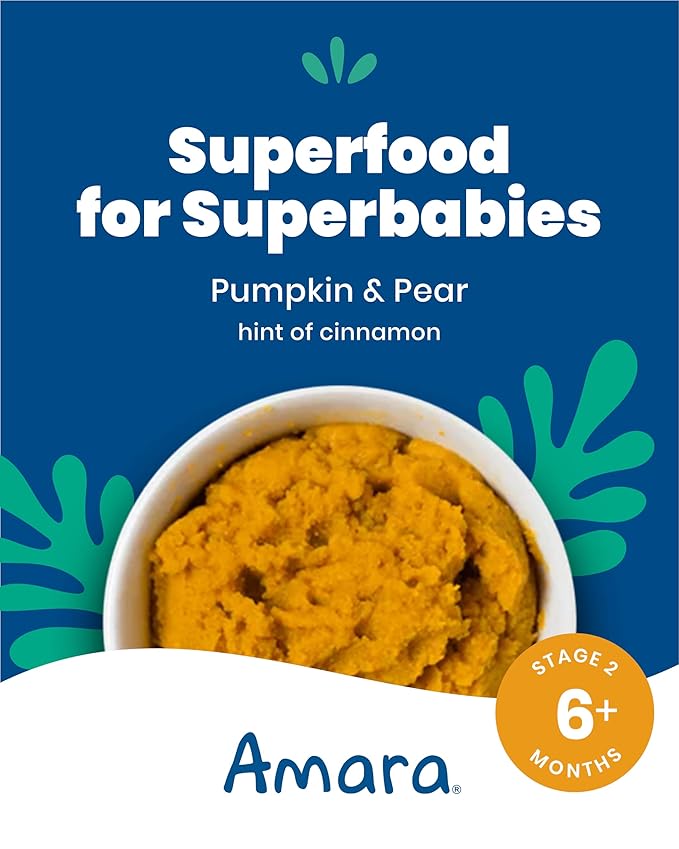 Amara Organic Baby Food - Stage 2 - Pumpkin Pear - Baby Cereal to Mix With Breastmilk, Water or Baby Formula - Shelf Stable Baby Food Made from Organic Fruit and Veggies - 5 Pouches, 3oz Per Serving