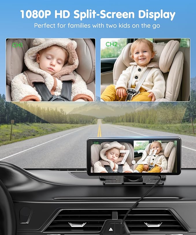 Babyvue BV3PRO 7.2" 1080P HD Dual Camera Car Baby Monitor for 2 Kids, IR Night Vision, Easy Installation, Brightness Adjustment, Car Seat Camera, Ideal Gift for Girls and Pets Monitoring