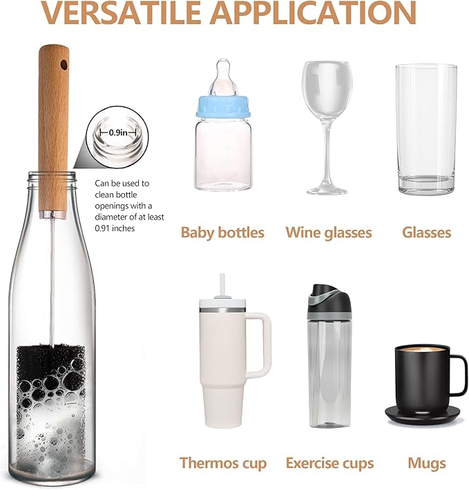 Water Bottle Cleaner Brush Baby Bottle Cleaner Brush Set Long Handle Sponge Cleaning Brush for Beer Bottles, Cups, Wine Glasses, Coffee Mugs, Tumblers, Thermos,Replaceble Brush Head (3-Pack)