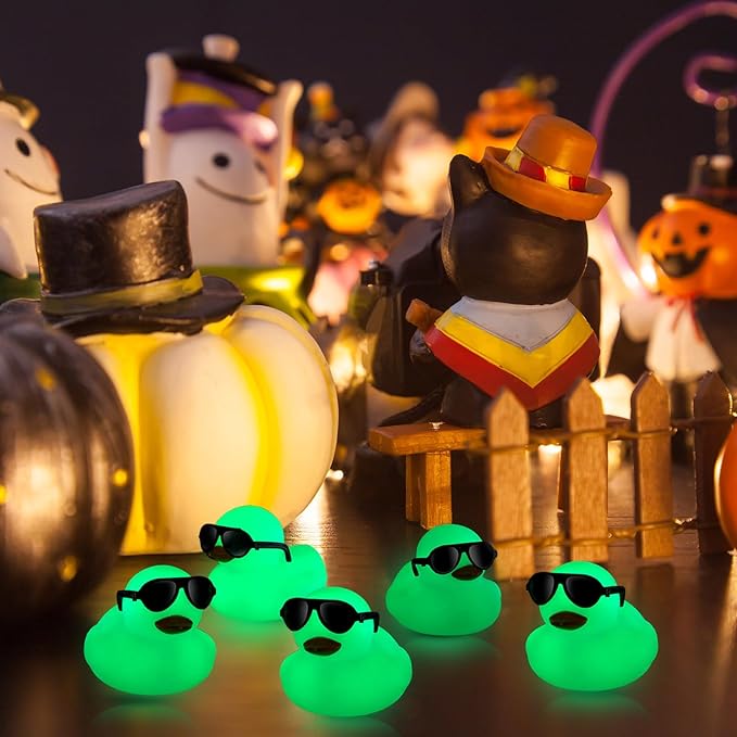 Meooeck 60 Pcs Glow in The Dark Mini Rubber Ducks with Sunglasses 2.2 Inch Squeaky Floating Bath Toys for Shower Kids Party,Blue