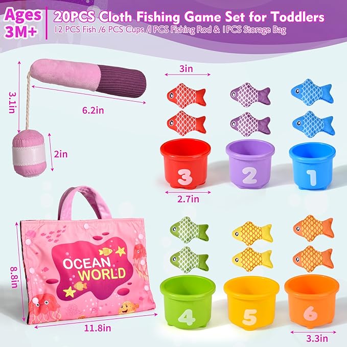 Montessori Toys for 1 Year Old Girl Gifts, 20PCS Pink Cloth Fishing Toy for Toddler 1-3, Fine Motor Skills Toy Sorting Learning Baby Toys 6-12-18 Months, One Year Old Girl Boy Birthday Gifts