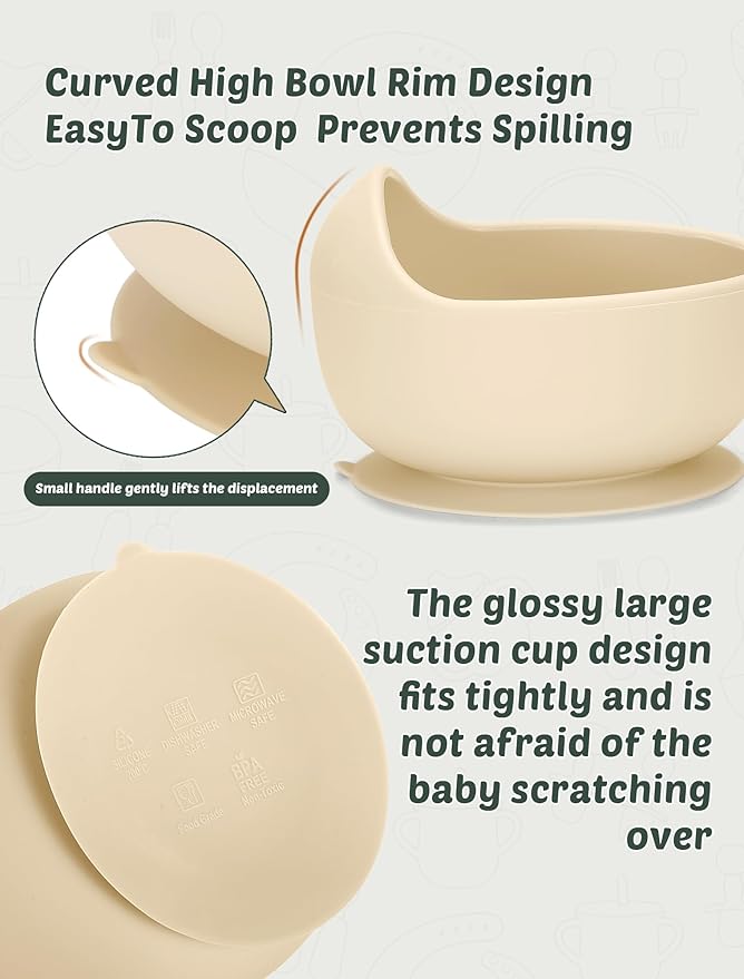 24 PCS Silicone Baby Feeding Set, Baby Led Weaning Supplies Includes Suction Bowls and Divided Plates, Adjustable Silicone Bib, Spoons&forks, Training cup with straw (Green+Blue+Beige)