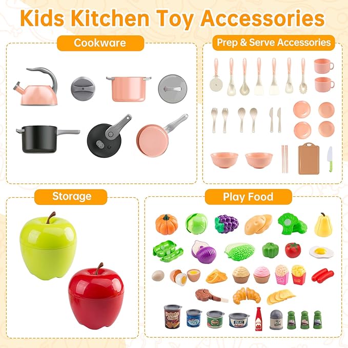 100Pcs Kitchen Playset, Kids Pretend Cooking Play Pots, Pans, Utensils, Cookware, Toy Food Fruits Veggies, with 2 Large Apple - Shaped Storage, Toddler Cooking Learning Gift(Pink)