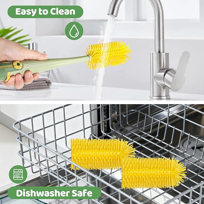 Orzbow 2 Pack Baby Bottle Brush, 5 in 1 Travel Baby Bottle Brush Set, Including Silicone Bottle Cleaner Brush, U-Shaped Rim Brush, Straw Brush, Crevice Brush & Seal Removal Rod, Green