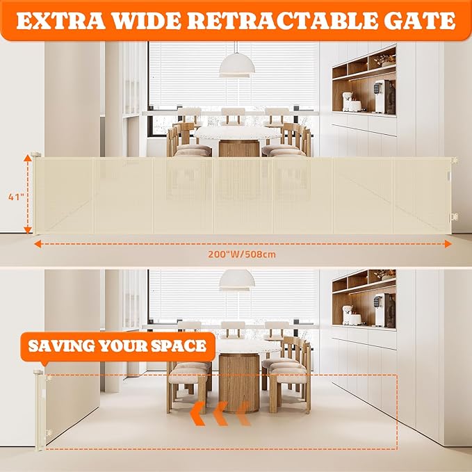 Upgrade 200" Retractable Baby Gates Extra Wide with Reinforced Strips, Mesh Retractable Dog Gate for Garage, 41" Tall Retractable Gate Indoor Outdoor for Pet and Baby-Beige