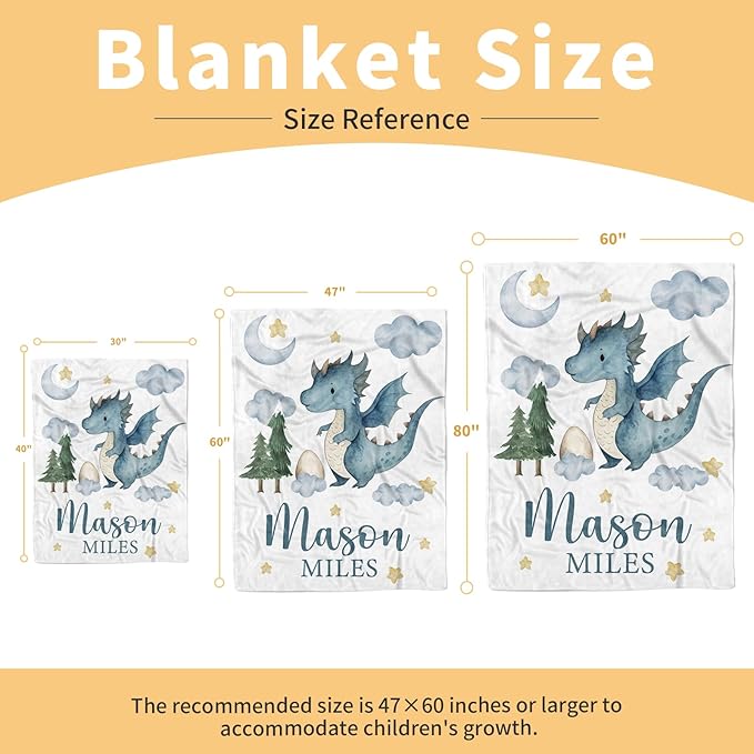 Personalized Baby Boy Blanket with Dinosaur Design, Custom Name Blanket for Toddlers Infants Boys Girls, Nursery Double Layer Dotted Backing Receiving Swaddle, Adorable Baby Gift Idea(30"x40")