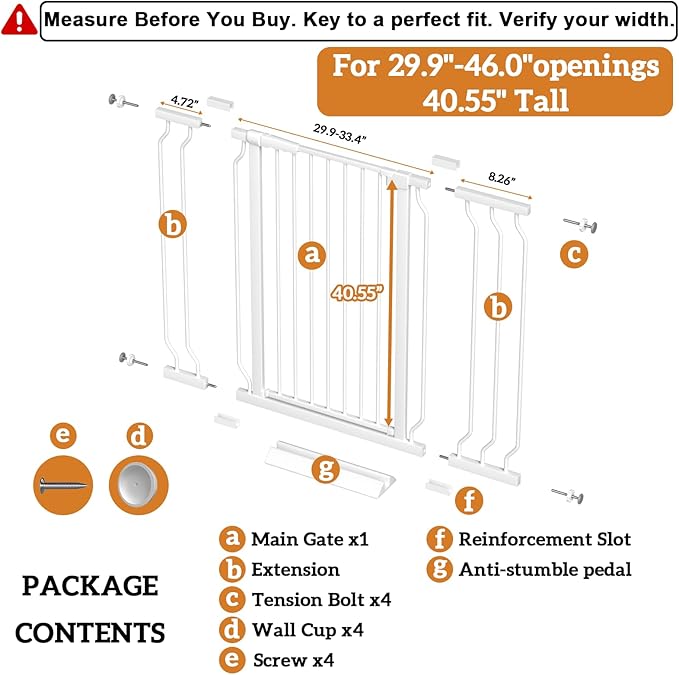 Extra Tall 40.55" Gate, 29.92-46.06" Extra Tall and Wide Dog Gate,Extra Wide Baby Gates Pressure Mounted Walk Through for Doorways,Stairs, Kitchen White
