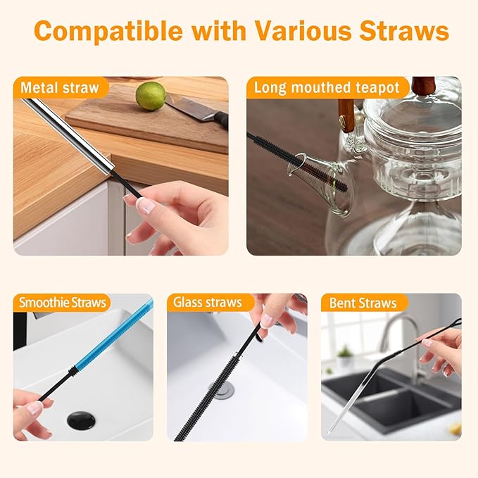 2Pcs Silicone Straw Cleaner Brush, 9.84in Reusable Straw Cleaner with Bendable Steel Core, Extra Long Soft Bottle Brush for Clearing Glass Straws, Smoothie Straws, 9mm&6mm (Black)