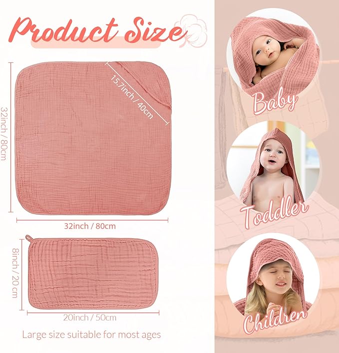 VitalCozy 12 Pcs Baby Muslin Hooded Bath Towels and Washcloths, 32 x 32 Inch Muslin Cotton Hooded Baby Towels Absorbent Hooded Blankets for Gift Newborn Infant Shower (Pink Beige Series)