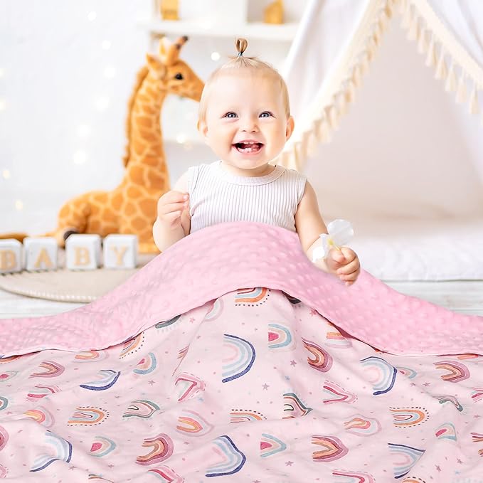 Super Soft Minky Toddler Blanket 30x40 Inches, Double Layer, Dotted Backing, Floral Baby Crib Blanket for Nursery, Car Seat, Pet, Rainbow