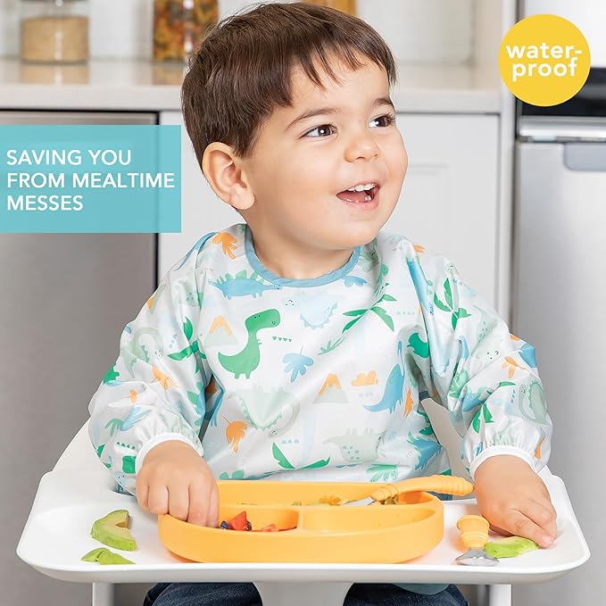 Bumkins - Sleeved Bib - For Boys & Girls, Babies & Toddlers 6-24 Months - Lightweight, Durable, Waterproof -Long Sleeve Bib -Catch-All Pocket -Wipeable & Machine Washable -Dinosaurs & Outdoors -2 Pack