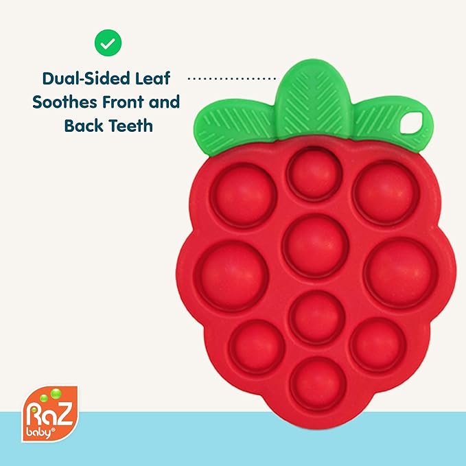 RaZbaby RaZberry Pop Strawberry Teether – Multi-Textured Silicone for Sensory Development & Teething Relief – Easy to Hold for Small Hands – Soft BPA-Free Design for Babies 3 Months+, Red/Green