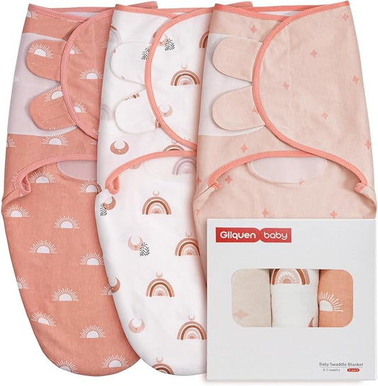 GLLQUEN BABY 3-Pack Organic Baby Swaddle Sleep Sacks for Newborn - Baby Swaddles 0-3 Months, Newborn Swaddling Sack, Rainbow & Sun, Infant Swaddle Blanket Wrap (Small/Medium)