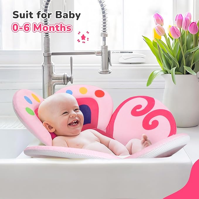 Baby Bath Pad for Infant Bathtub Sink, Non-Slip Flower Bathtub for Infants 0-6 Months, Soft Baby Sink Bath Cushion for Babies Bath Time, Newborns Bath Essentials Must Haves-Butterfly