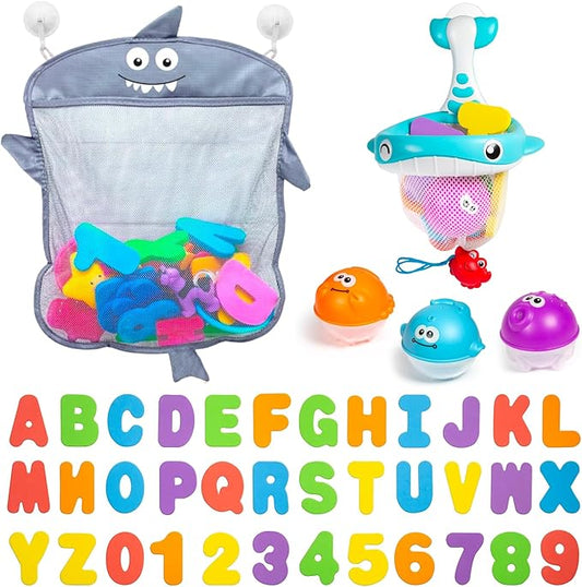 Comfylife Baby Bath Toy Organizer - Bath Toy Storage for Shower - Bathtub Toy Organizer Includes Foam Bath Toys (Numbers & Letters & Squirty Toys) + Extra Net That Doubles as a Toy