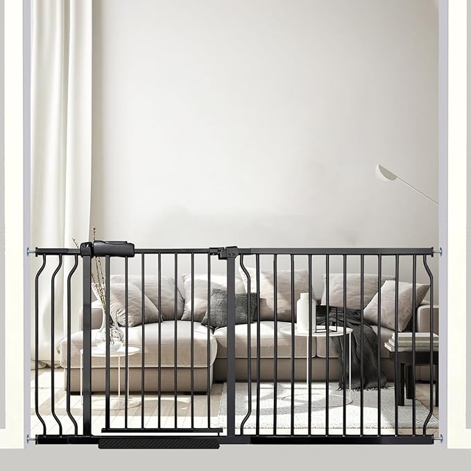 62-67 Inch Extra Wide Baby Gate, Walk Through Metal Safety Gate for Large Doorways & Hallways, Black Heavy-Duty with Extension Kit