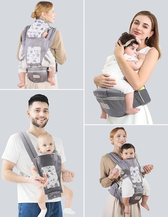 Baby Carrier with Hip Seat, 6 in 1 Baby Carrier Newborn to Toddler, Adjustable Infant Carrier with Hood, All Seasons & All Position Baby Holder Carrier for 0-36 Months