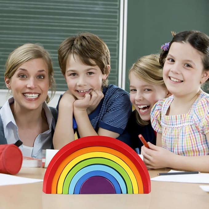 Coogam Wooden Rainbow Stacker Nesting Puzzle Blocks - Tunnel Stacking Game Building Creative Color Shape Matching Jigsaw Learning Toy Set Board Early Development Gift for Kids Boy Girl