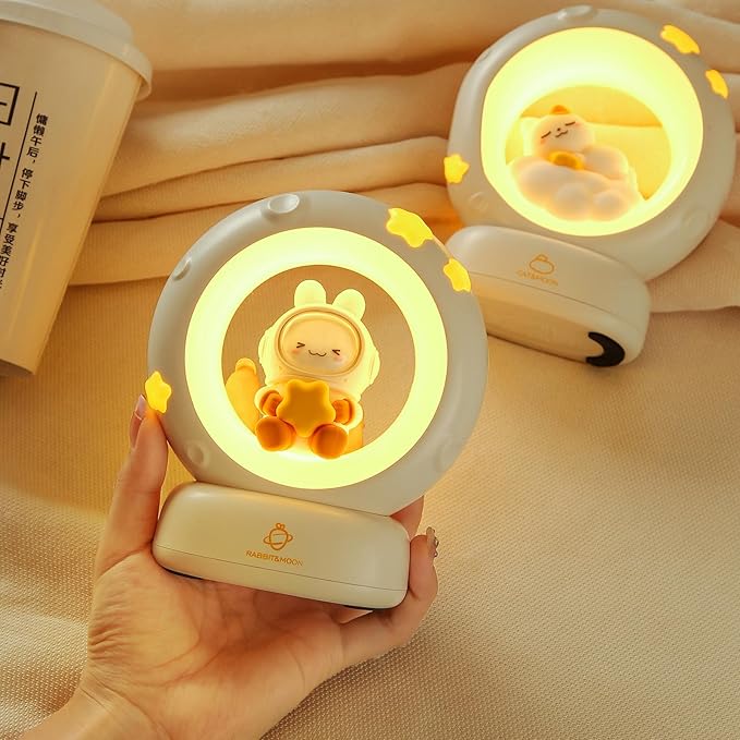 Moon and Bunny Rechargeable Night Light, Safe PVC and ABS Material, 3 Brightness Levels, Tap Control, Warm Light, Toddler Sleeping Lamp, Bedroom Night Lamp, Gift for Baby and Kid (Moon and Bunny)