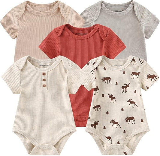 Kiddiezoom Newborn Baby Unisex Cotton One-Piece Bodysuits Baby Gift 5-Pack Baby Clothes