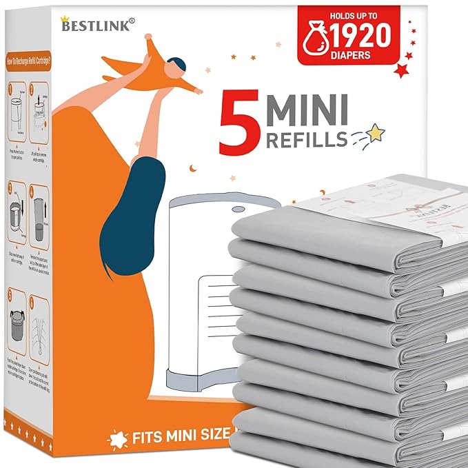 5 Pack Refills Compatible with DEKOR MINI Diaper Pails | 20% Extra Length Diaper Pail Refill Bags Liners Holds 1920 Diapers | Ultimate Odor Control with Baby Scented