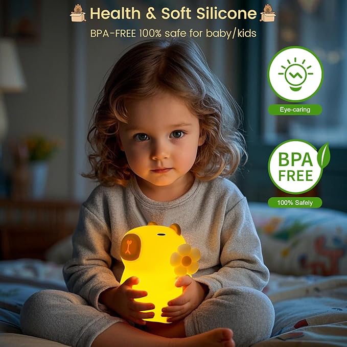 Capybara Night Light, Nursery Lamp, 7-Color RGB & 3-Level Warm Dimmable Warm, Tap Control, 30Min Timer, 100% Safe &Soft Silicone, Adorable, Soothing Ambiance, Gift for Kids, Detachable Flower