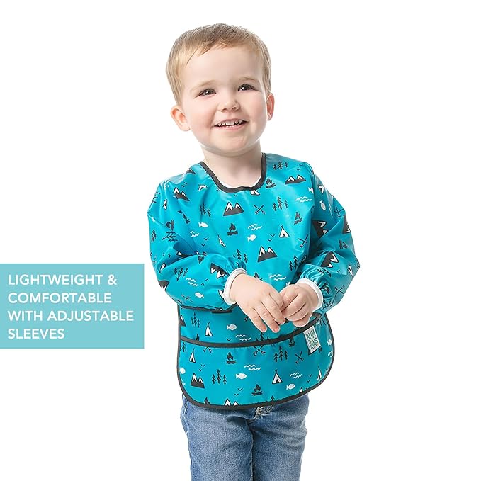 Bumkins Sleeved Bib for Girl or Boy, Baby and Toddler for 6-24 Mos, Essential Must Have for Eating, Feeding, Baby Led Weaning Supplies, Long Sleeve Mess Saving Food Catcher, Fabric, Outdoors Blue