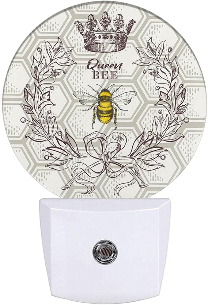 EKOBLA Queen Bee Night Light - Round LED Wall Plug-in Nightlights with Auto Sensor, Dusk to Dawn Lighting for Bedroom, Hallway & Kitchen (Bee Theme)