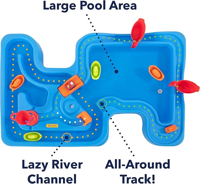 Simplay3 Big River and Roads Water Play Table, Outdoor Activity Table with Track Toys for Toddlers and Kids, 9 Accessories Included, Made in USA