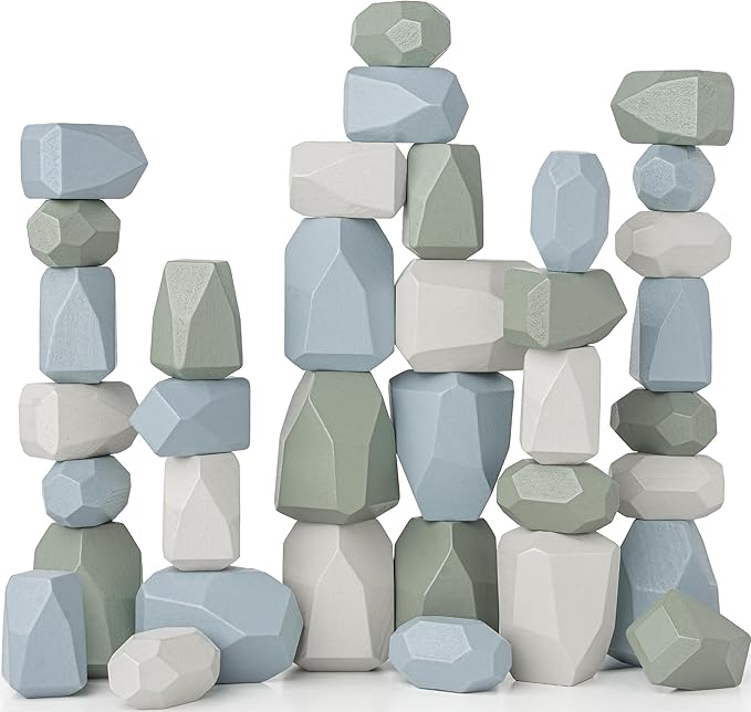 Comfy Cubs Stacking Rocks 36 Pieces, 36 Months+, Educational Toddler Stacking Blocks, Promotes Imagination, Balance & Fine Motor Skills - Wooden Rocks Sensory Toys Gift for Kid, Boy Pack