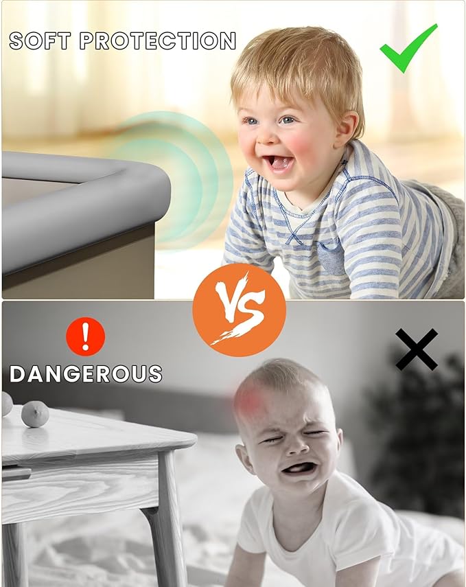 Baby Proof Edge Corner Protector, 16.4FT 0.47''Th L-Shape Furniture Corner & Edge Safety Bumpers with 10 Corners, Pre-Taped, Soft NBR Rubber Foam Desk Edge Cushion Wall Corner Protector (Grey)