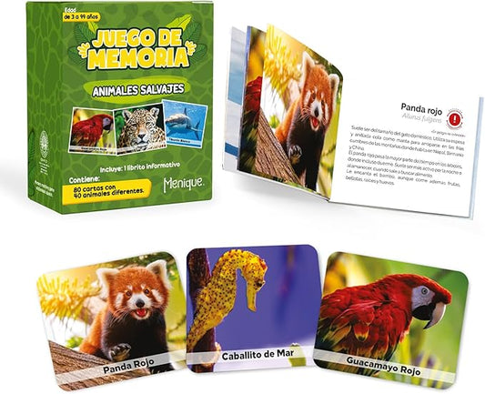 Menique Wild Animals Memory Matching Game – Spanish Edition – 80 Cards (40 Pairs) with Real Photos – Educational Game in Spanish for Kids and Adults – Includes Booklet
