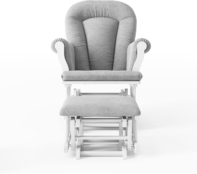 Child Craft Cozy Glider Rocker and Ottoman Set, Padded Cushion with Convenient Storage Pockets, Solid Wood Base & Frame (Matte White with Light Gray Cushion)
