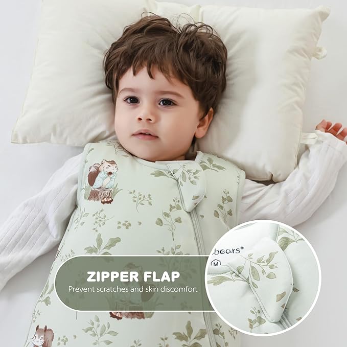 Mosebears Unisex Rayon Made from Bamboo Sleep Sack with 2-Way Zipper,2.5 Tog Baby Winter Sleep Sack(Green Animal,6-18 Months)