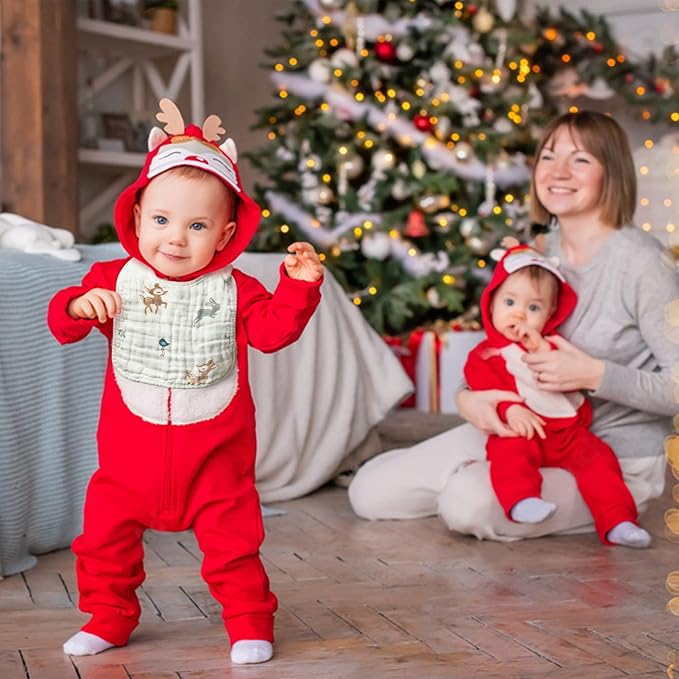 Zainpe 6Pcs Muslin Cotton Baby Bibs Snowflake Polar Bear Pattern Burp Cloths, Adjustable Bib with 6 Absorbent Soft Layers for Unisex Infant Toddler Newborn Drooling Feeding Teething