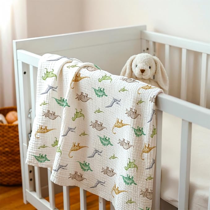 Dinosaur Baby Blankets for Boys, Newborn, Soft Nursery Minky Blankets with Muslin and Dotted Fleece Back 30x40 inches, Receiving Bed Quilt for Infants, Toddlers
