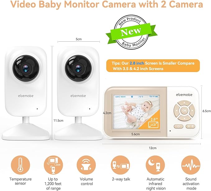ebemate Video Baby Monitor with Two Camera, 2.8" LCD Screen with 2-Way Talk Cam Monitor and 5 Soothing Lullabies Baby Monitoring EB29-2