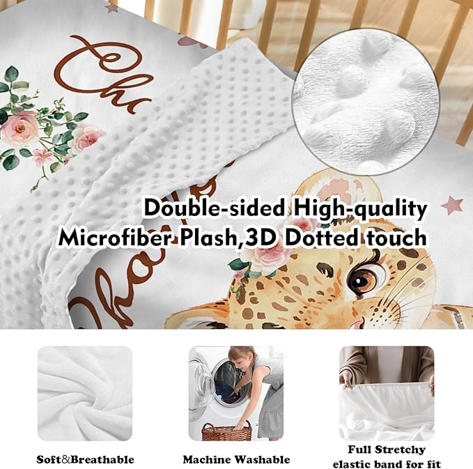 Personalized Nursery Crib Bedding Set: Custom Name 5 Piece Baby Crib Sets with Floral Leopard Design - Toddler Double Layer Blanket Set, Comfortable Crib Bed Sheets for Baby Grils