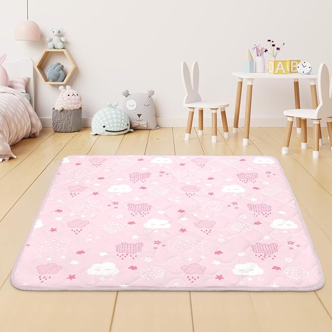 Baby Play Mat for Floor,Soft 50x50 Playpen Mat,Thick Foam Cushioned Playmat for Tummy Time,Safe Non-Slip Backing for Crawling for Kids Toddlers Infants,Pink Clouds