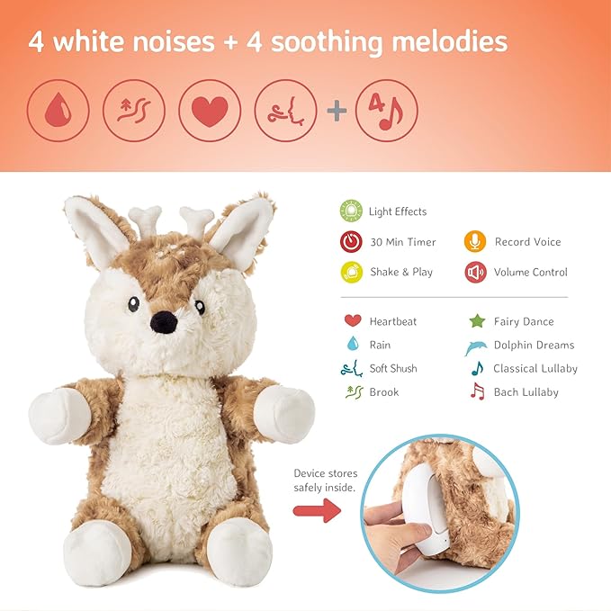 Cloud b Sound Machine with White Noise Soothing Sounds | Cuddly Stuffed Animal & Nomadic Nightlight | Record Parent Voice | Adjustable Settings and Auto-Shutoff | LoveLight Buddies - Finley Fawn