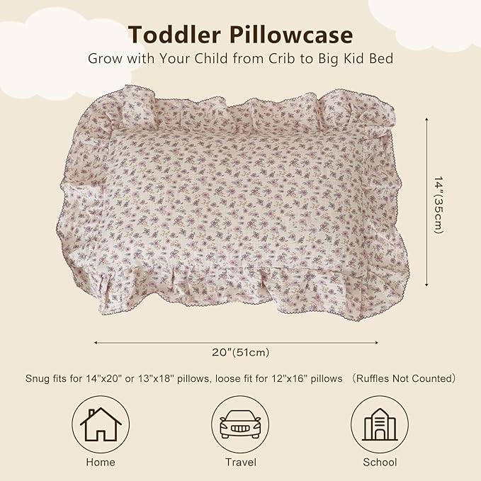 BuLuTu Purple Floral Muslin Cotton Toddler Pillowcases with Ruffles, 1 pc, 14"x20", Oeko-TEX Certified Gauze Muslin Pillow Cover for Girls Boys Crib Size Pillow Cases for All Seasons