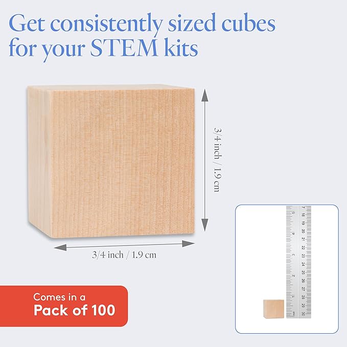 DIY Wooden Cubes 3/4-inch, Pack of 100 Small Blank Wooden Blocks, Unfinished Wood Blocks for Crafts, STEM, Dice, and Building Blocks for Stacking, by Woodpeckers