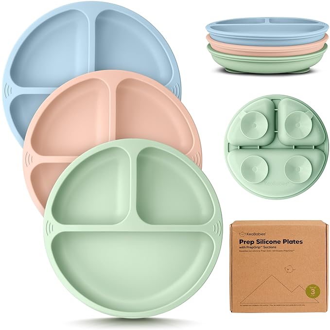 KeaBabies Suction Plates for Baby, Toddler - 3-Pack 100% Silicone Toddler Plates with Suction, Divided, BPA-Free Baby Led Weaning Essentials for Kids, Dishwasher, Microwave Safe, Durable (Mellow)