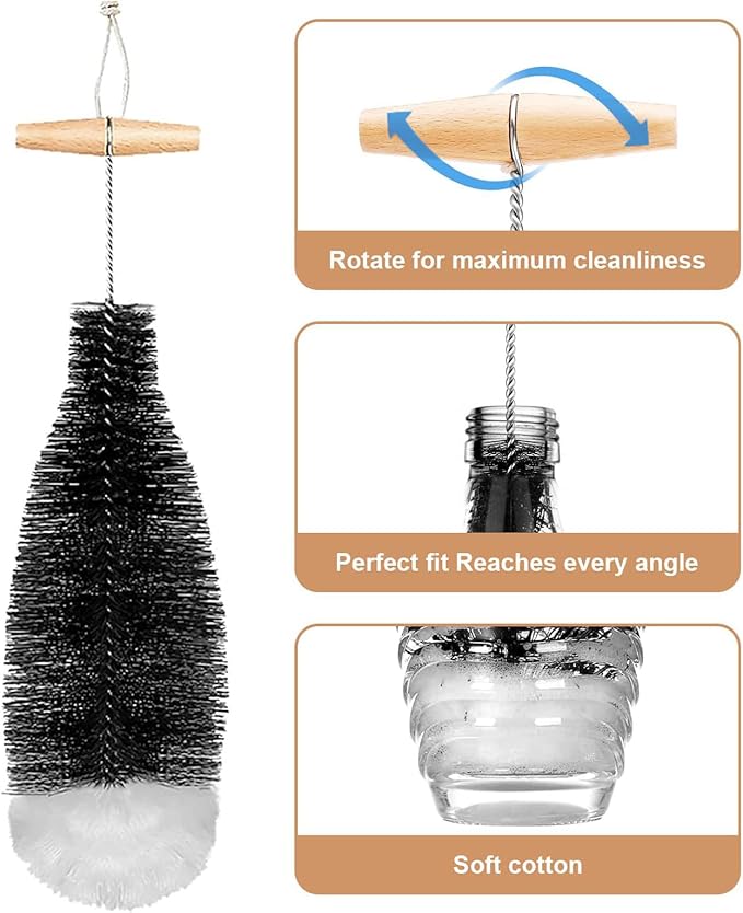 Bottle Cleaning Brush for SodaStream，Nylon Bristles，Wooden Handle，Gentle Anti Scratch，Long Handle Bottle Washer for SodaStream Water Bottles