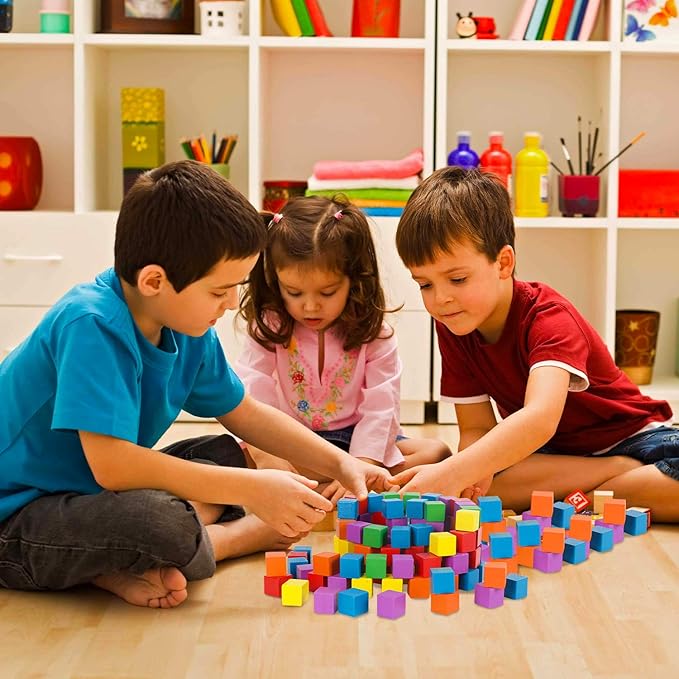 Cube Blocks, 200 Pack Colorful Square Wooden Building Blocks, Baby Shower Decorating Cubes, Puzzle Making and DIY Craft